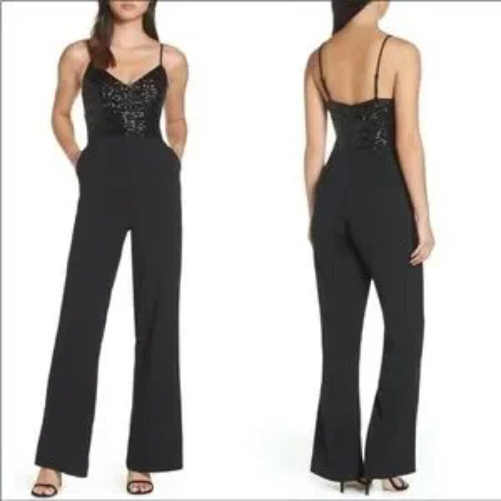 Eliza J Sequin Embellished Jumpsuit Wide Leg Black size 4 holiday contemporary